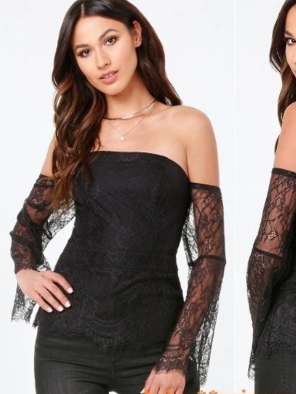 NWT Bebe black lace strapless Off shoulder long sleeve top xs